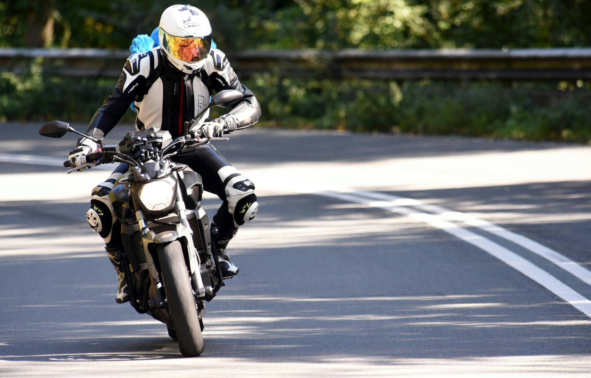 Ein Motorradfahrer auf der Straße.
