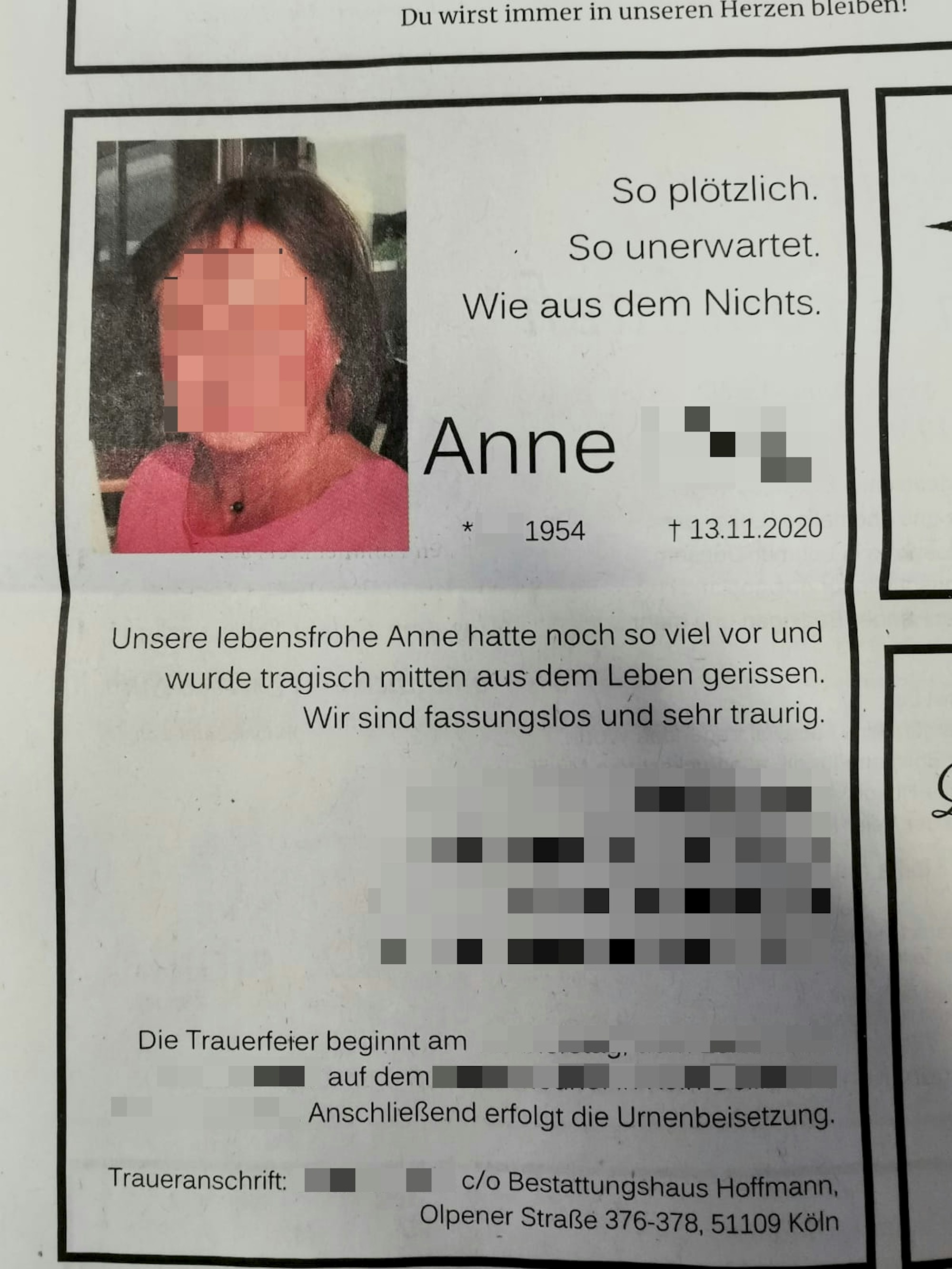 Traueranzeige für Anne M. aus Köln. Ihr Gesicht und einige Details in der Anzeige sind aus Datenschutzgrünen gepixelt.