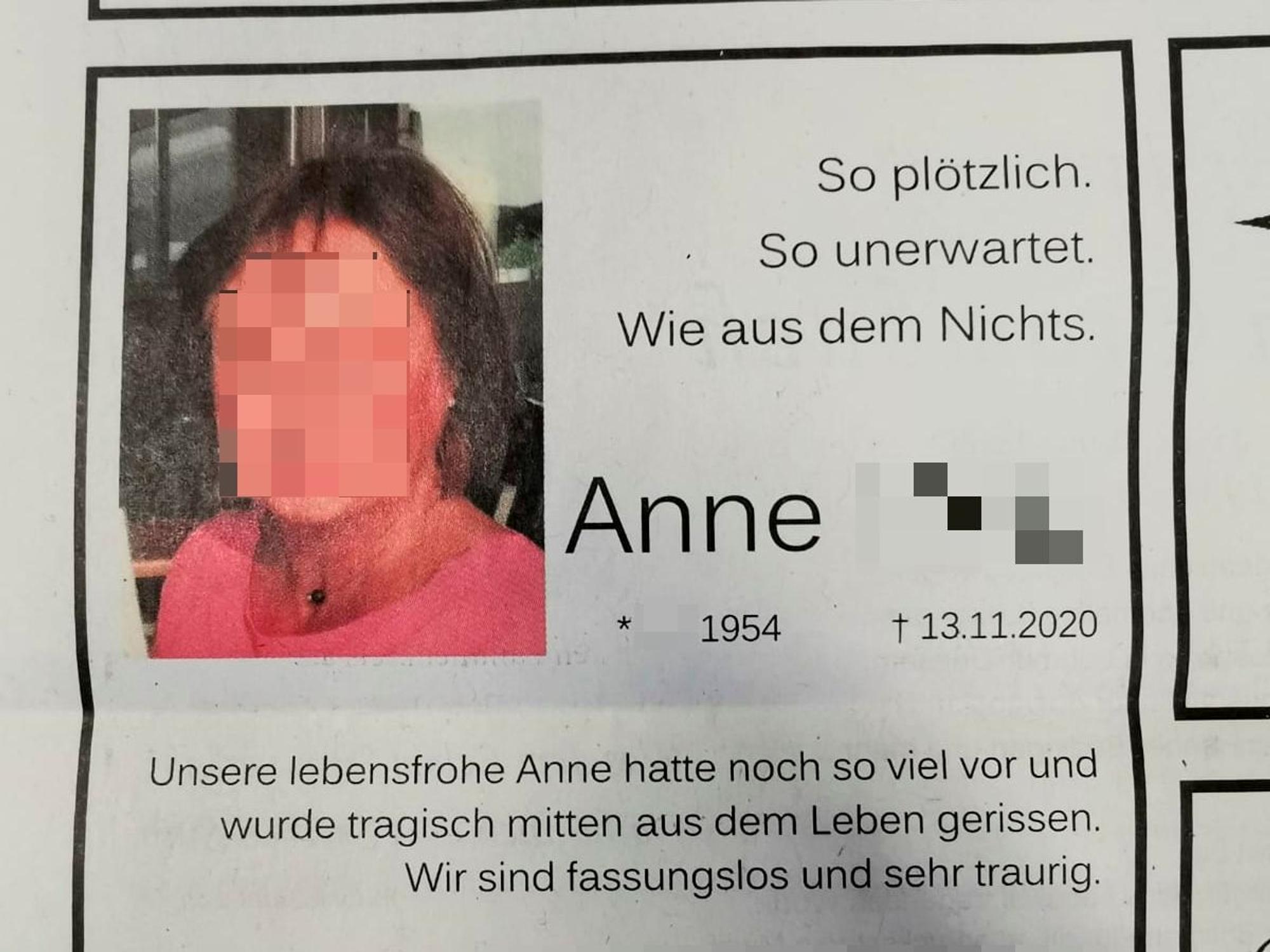 Traueranzeige für Anne M. aus Köln. Ihr Gesicht und einige Details in der Anzeige sind aus Datenschutzgrünen gepixelt.