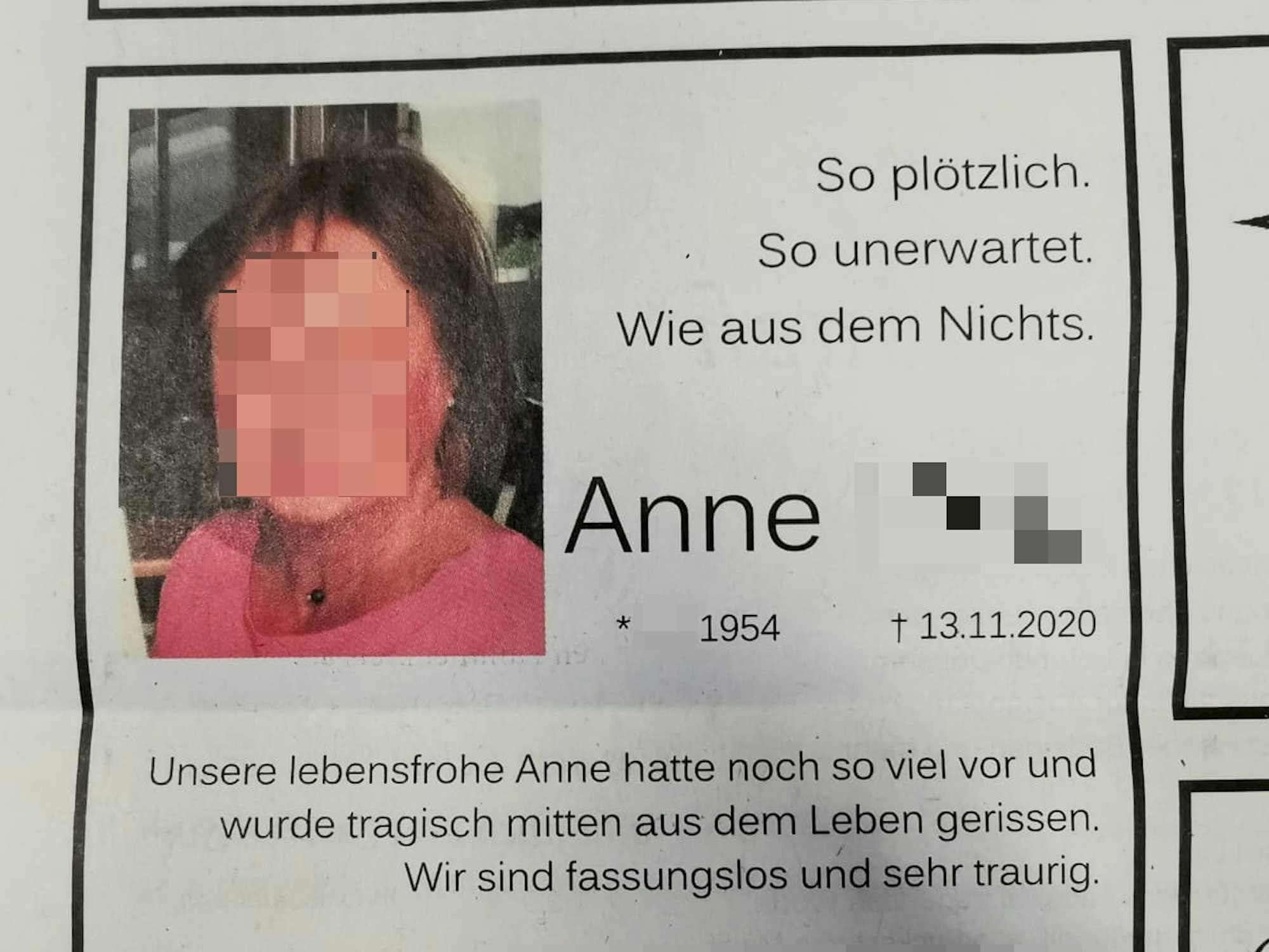 Traueranzeige für Anne M. aus Köln. Ihr Gesicht und einige Details in der Anzeige sind aus Datenschutzgrünen gepixelt.