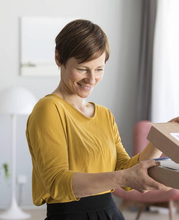 Frau öffnet Paket