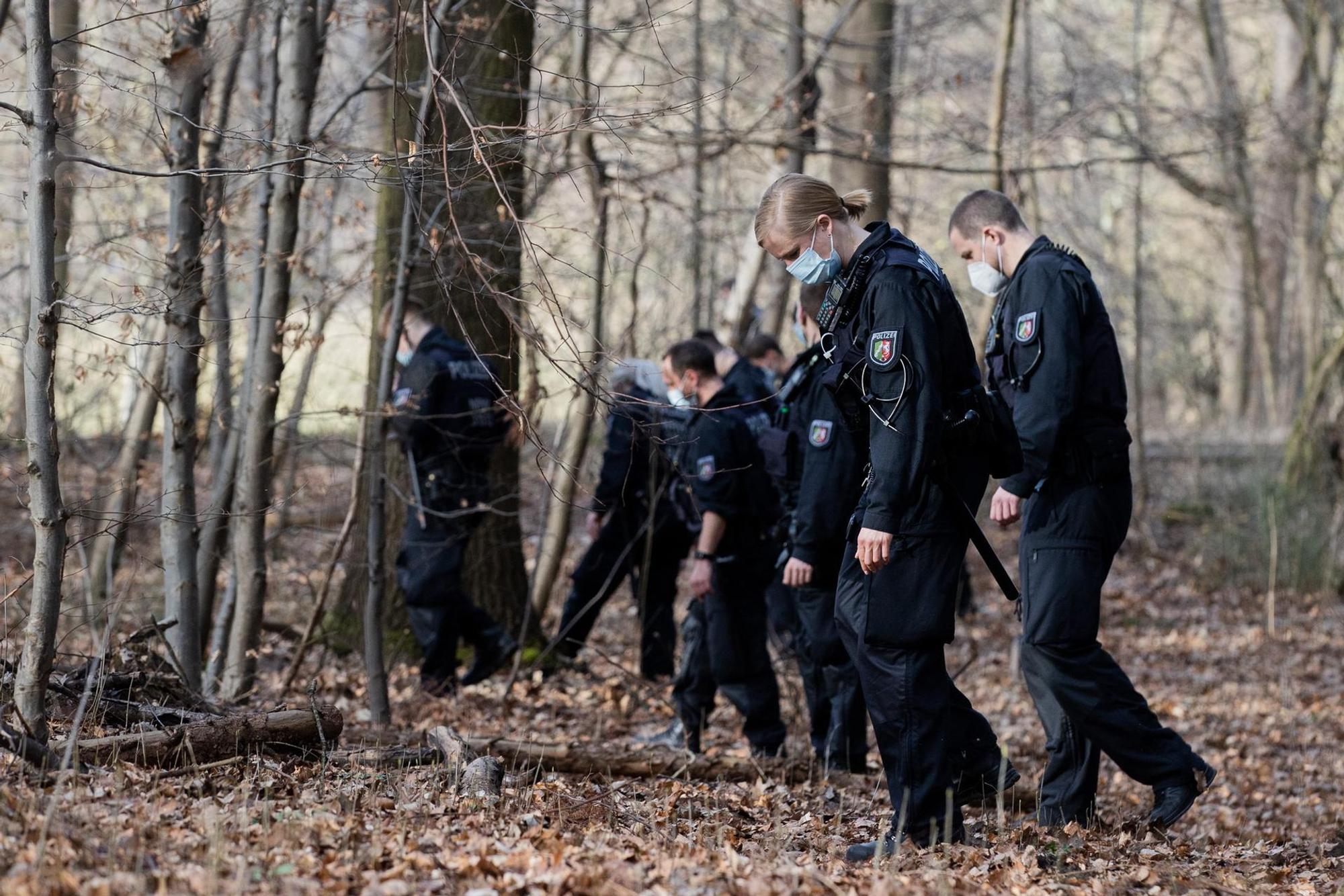 Polizisten durchsuchen ein Waldstück.
