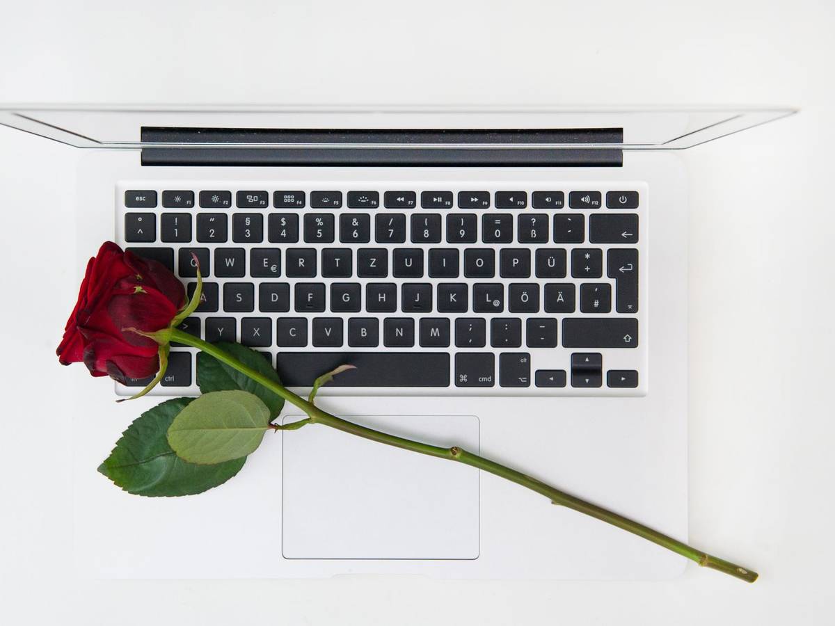 Eine rote Rose liegt auf einem weißen Laptop.