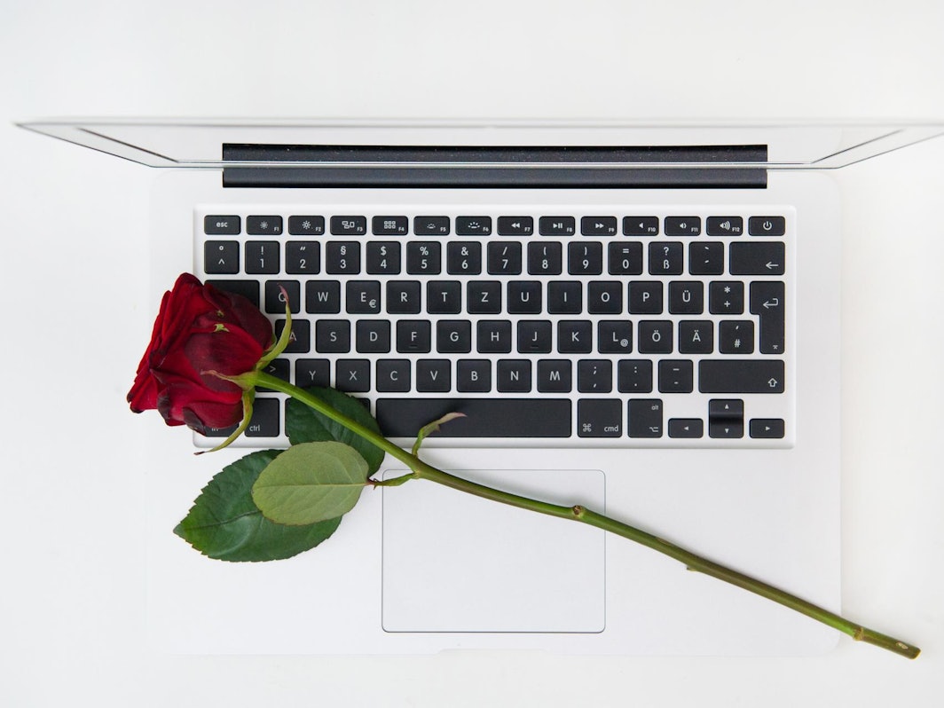 Eine rote Rose liegt auf einem weißen Laptop.