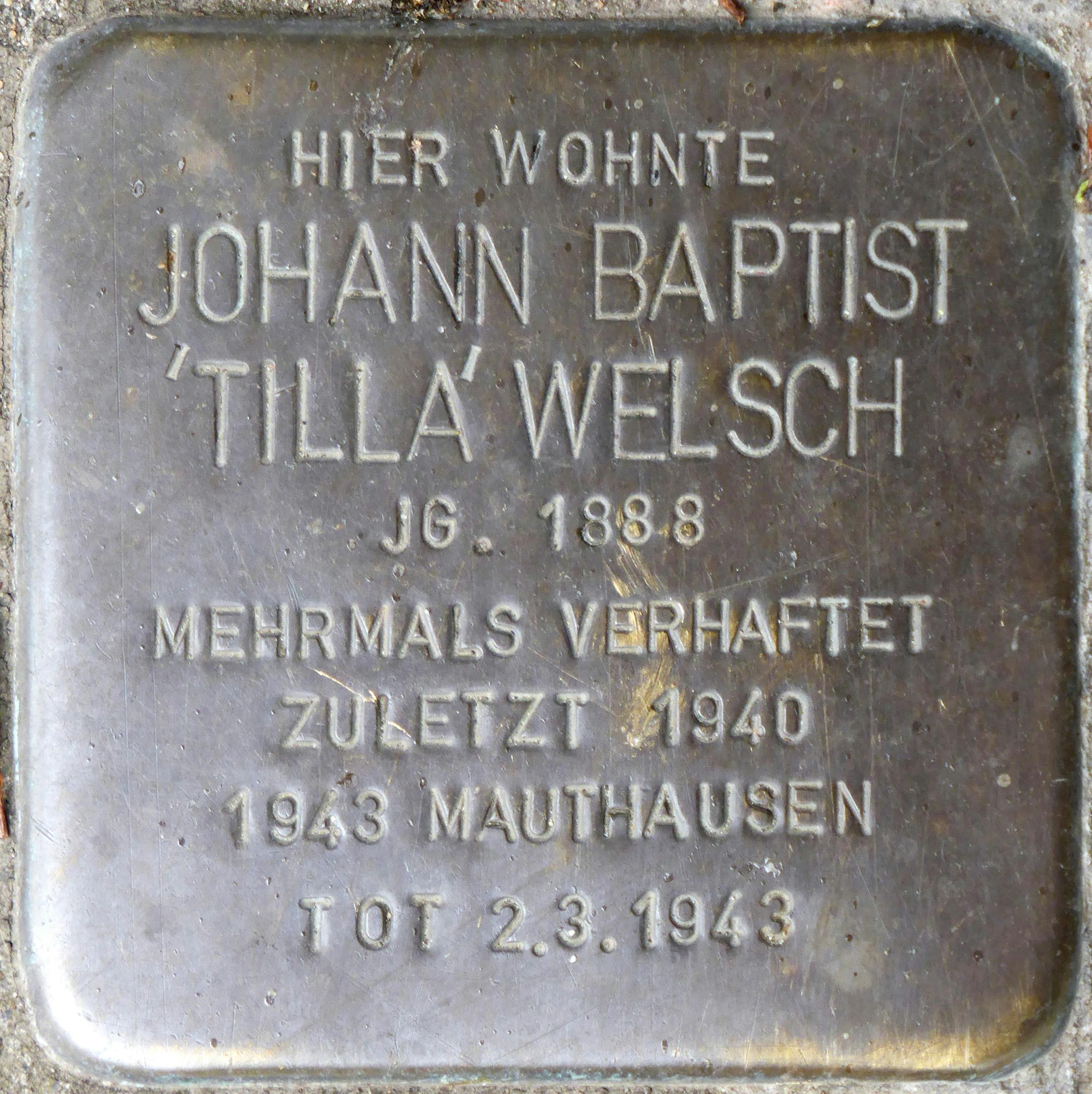 Stolpersteine_Köln,_Johann_Baptist_'Tilla'_Welsch_(Schnurgasse_64)