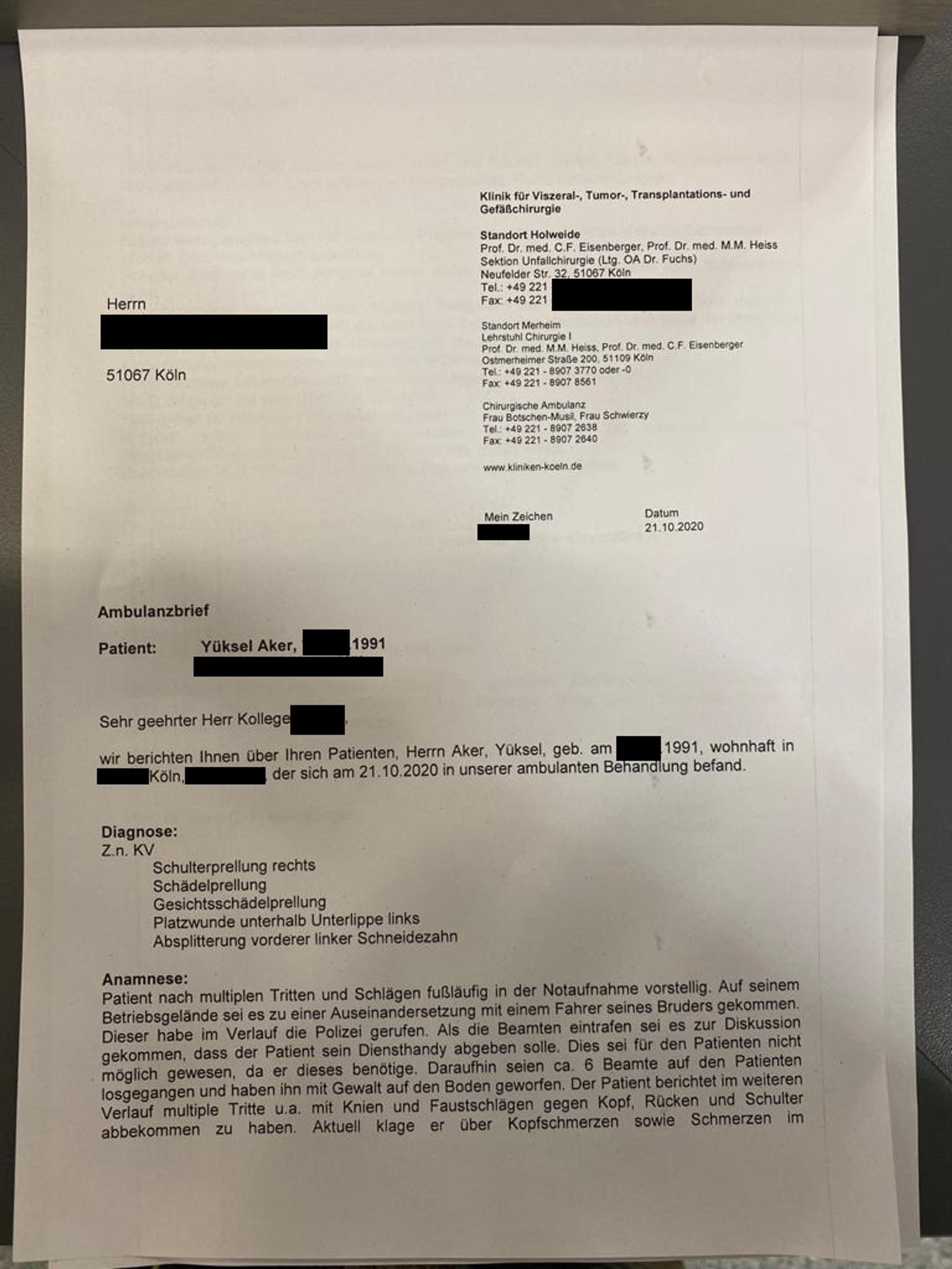 Das ärztliche Attest von Yüksel Aker