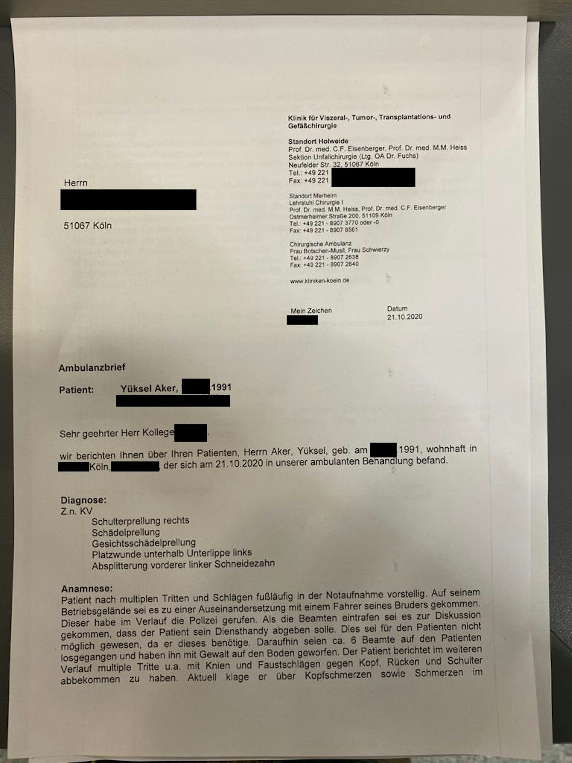 Das ärztliche Attest von Yüksel Aker