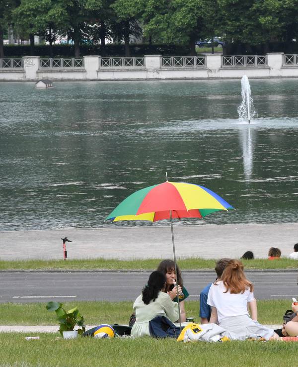 Mehrere Frauen sitzen am Aachener Weiher auf der Wiese unter einem Sonnenschirm.