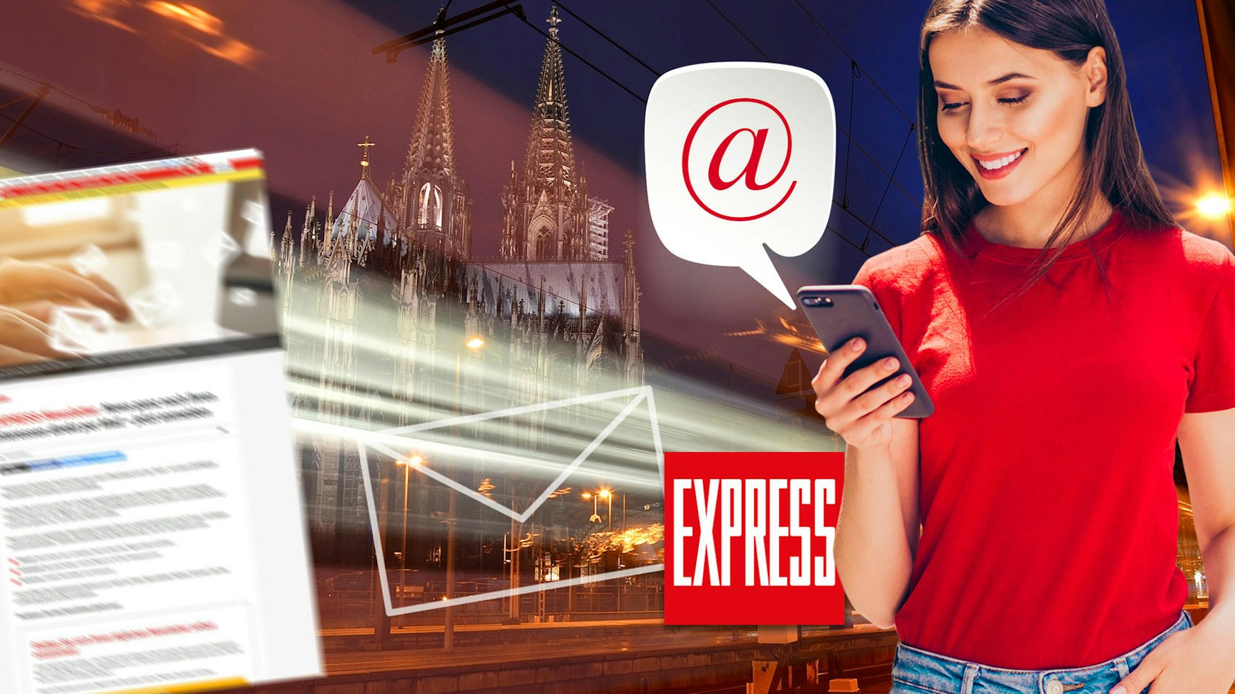 Eine Frau schaut auf Ihrem Handy den Newsletter von EXPRESS.de an