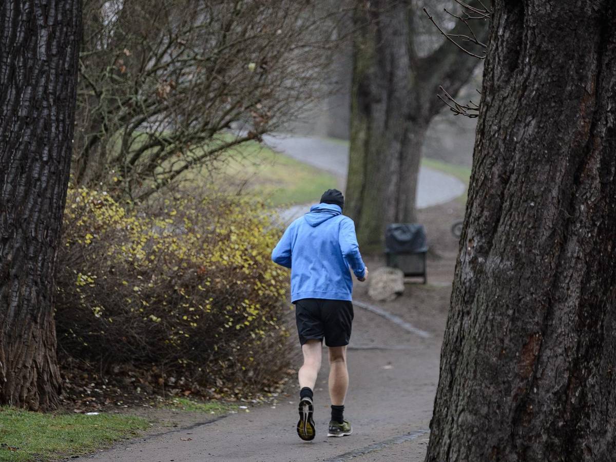 Ein Jogger läuft über einen Weg durch einen Park.