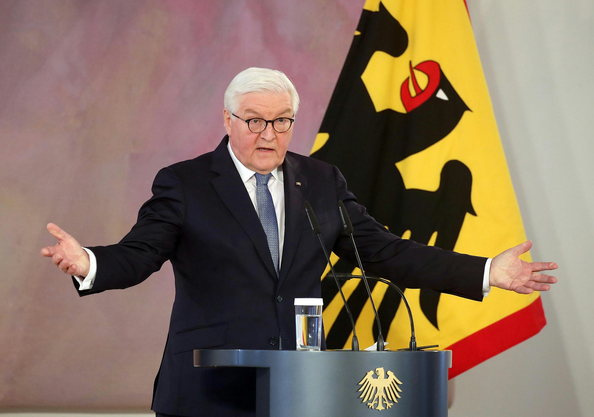 Das Symbolfoto von 2021 zeigt den deutschen Bundespräsidenten Frank-Walter Steinmeier. Er steht an einem Rednerpult mit drei Mikrofonen, hinter ihm befindet sich eine Flagge.