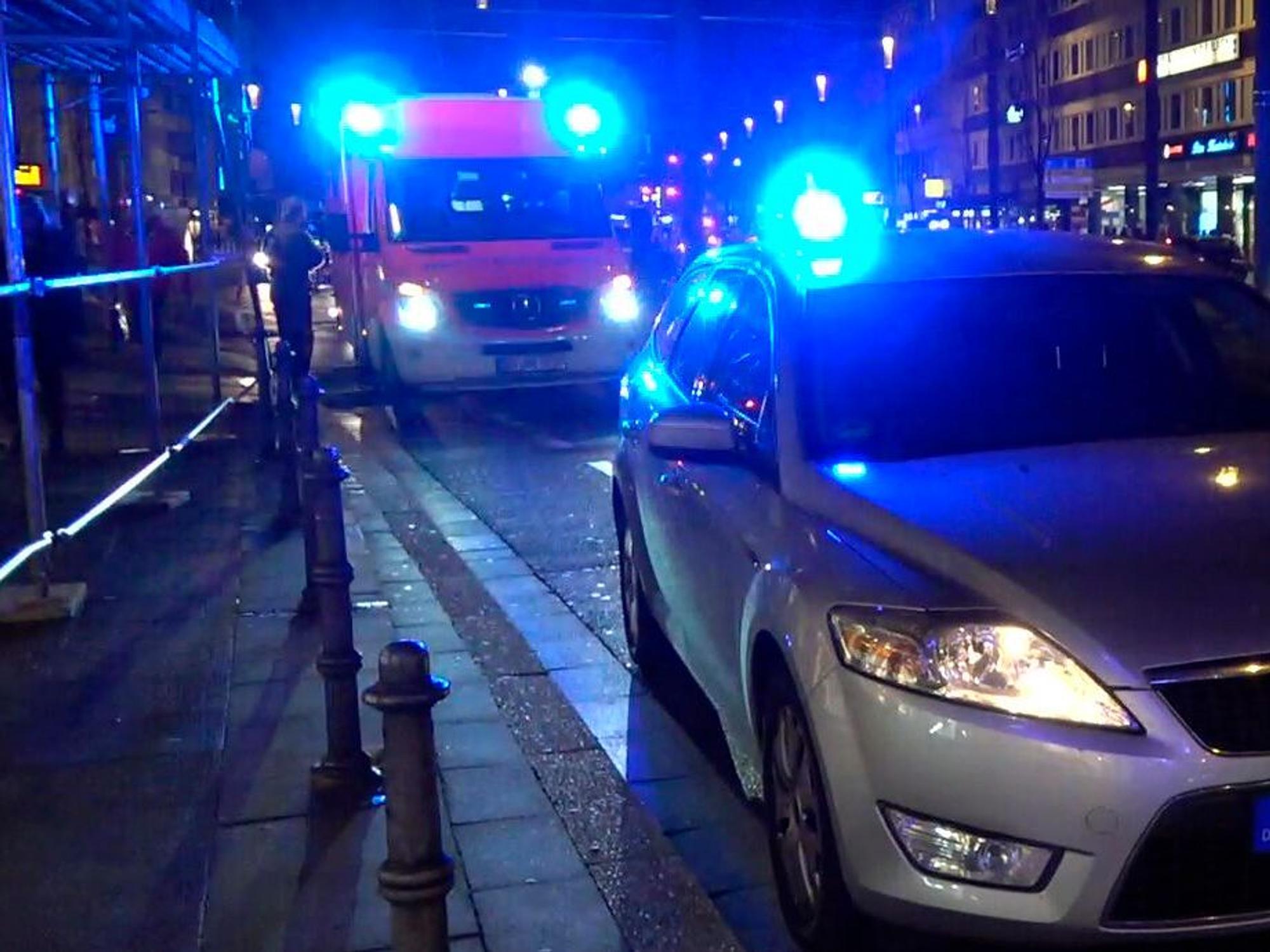 Ein Streifen- und ein Rettungswagen stehen nachts an einem Straßenrand.