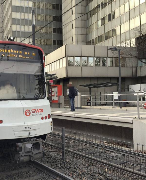 Eine Bahn der Linie 66 hält an einer Haltestelle.