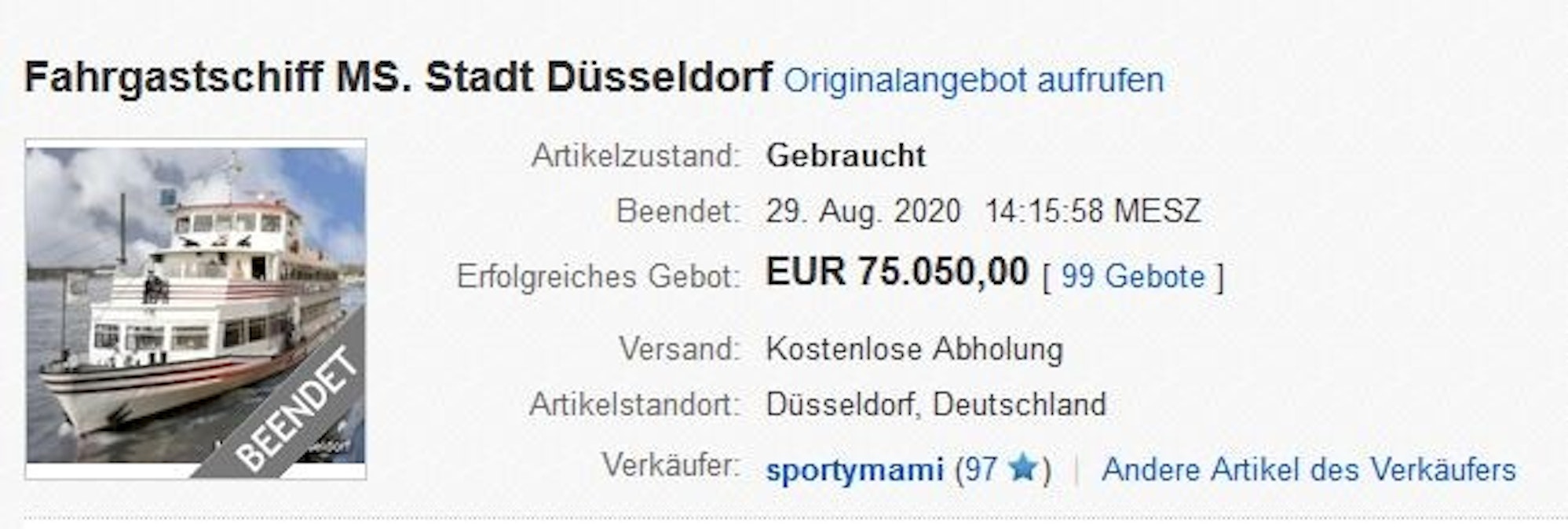 Vor dem Landgericht Düsseldorf wurde am Dienstag (12. April 2022) ein Rechtsstreit um die „MS Stadt Düsseldorf“ verhandelt. Das Foto zeigt einen Screenshot nach Beendigung der Auktion bei eBay.
