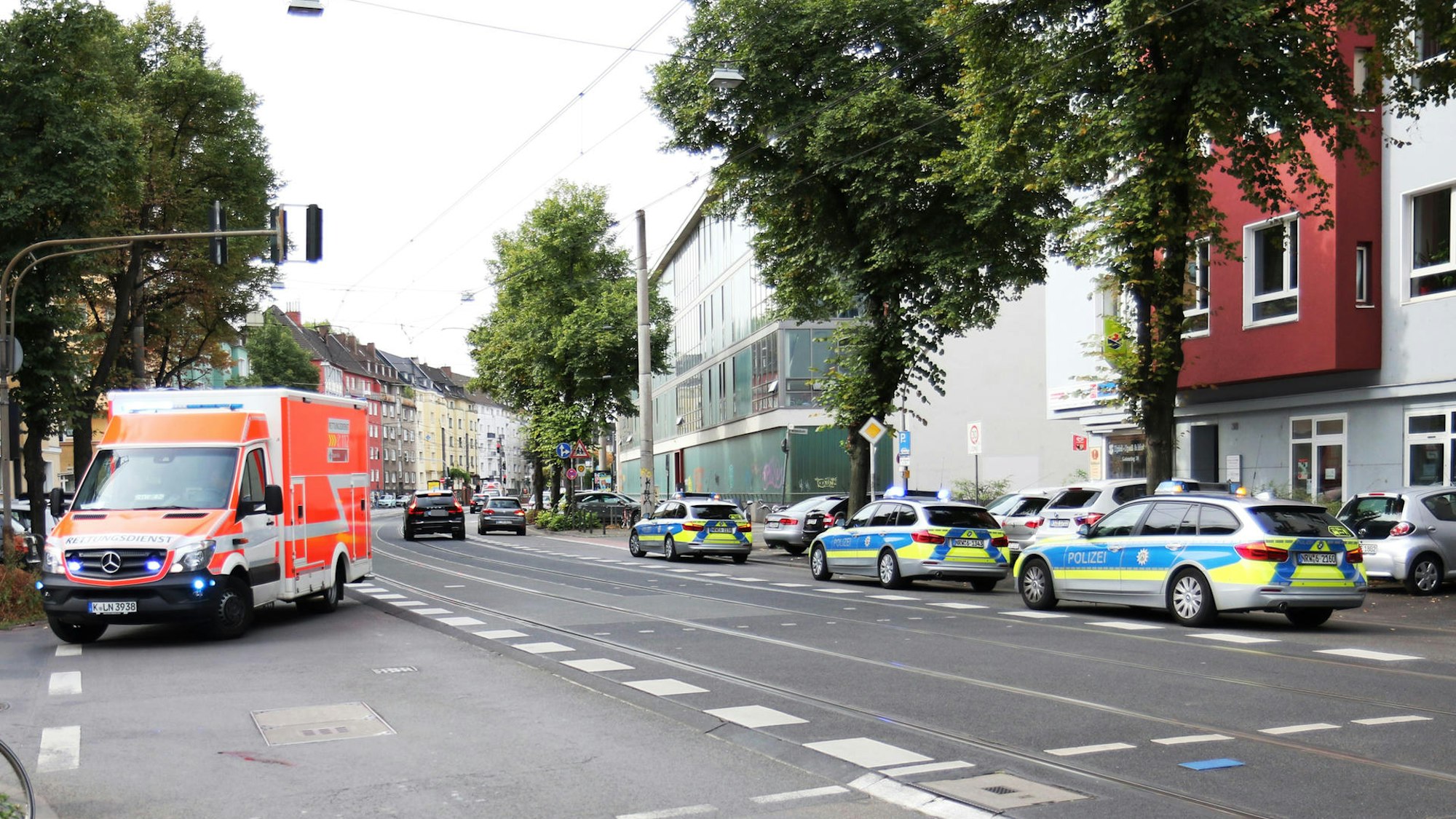 Drei Streifenwagen und ein RTW stehen auf einer Straße.