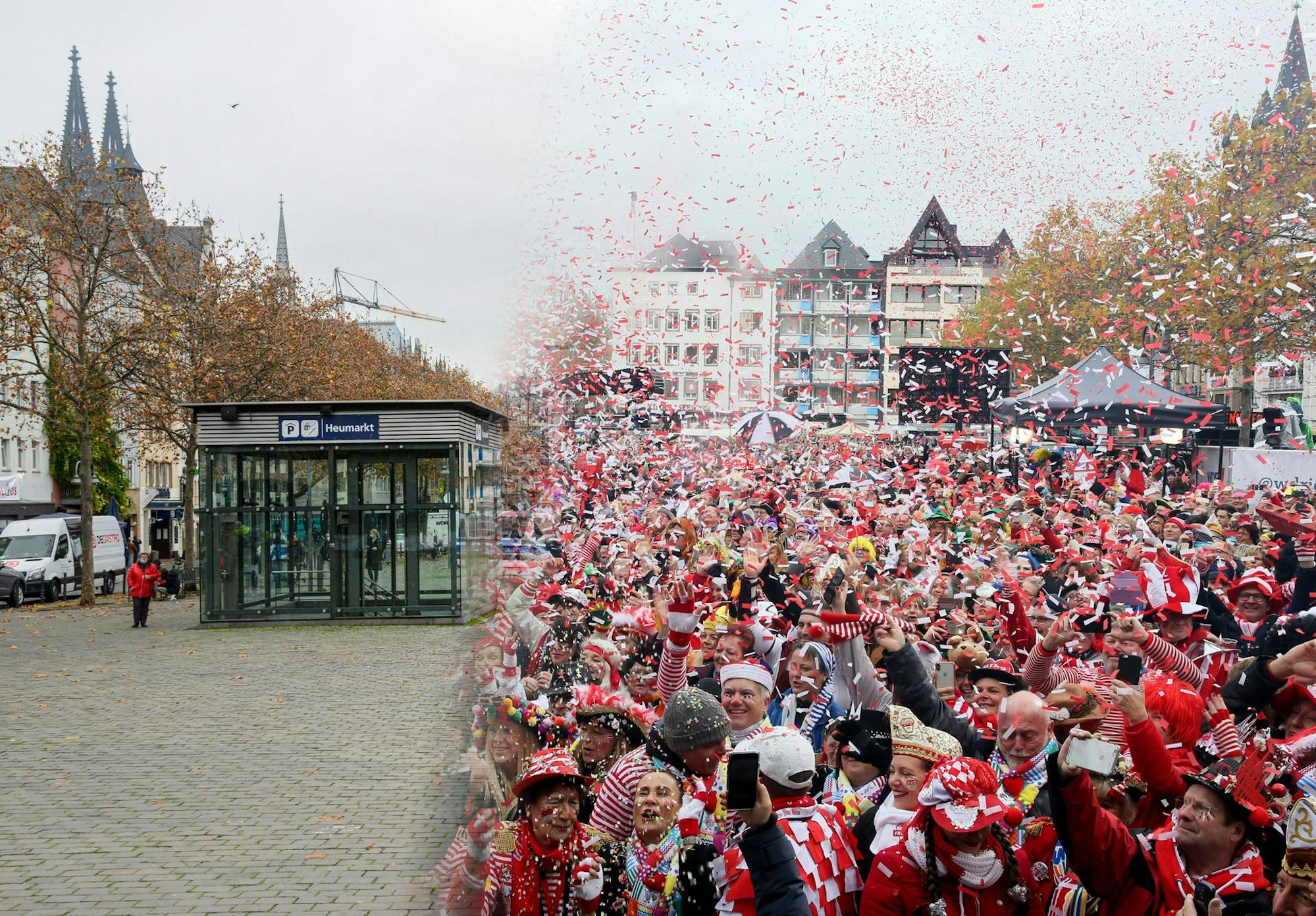 Der 11.11.2010 im Vergleich zum 11.11.2019 auf dem Kölner Heumarkt.