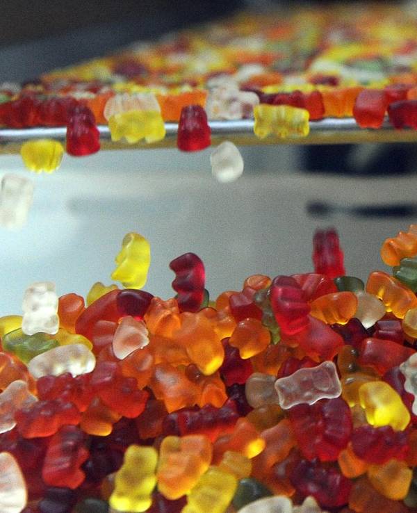 Das Symbolfoto aus dem Jahr 2012 zeigt bunte Gummibärchen, die in der Haribo-Fabrik von einem Förderband fallen.