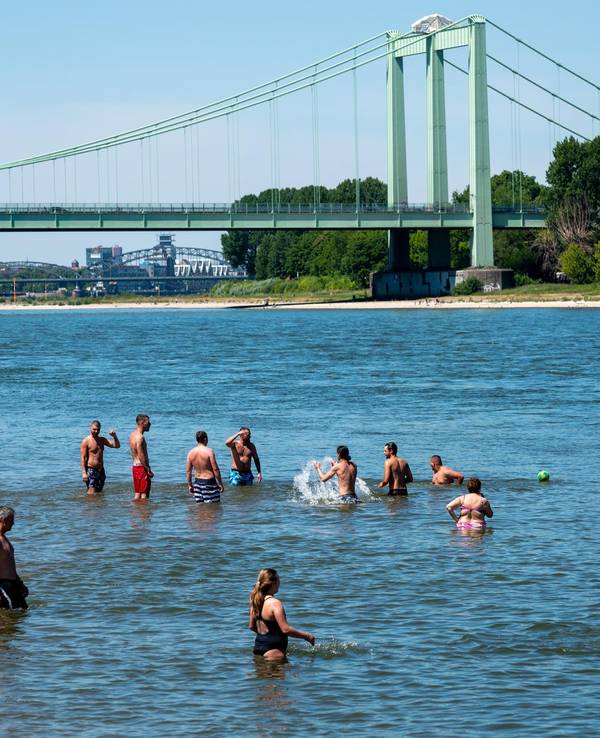 Leute schwimmen im Rhein bei Köln