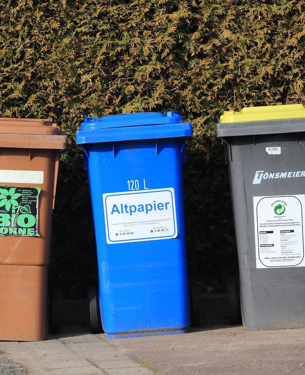 Verschiedene Mülltonnen stehen nebeneinander.
